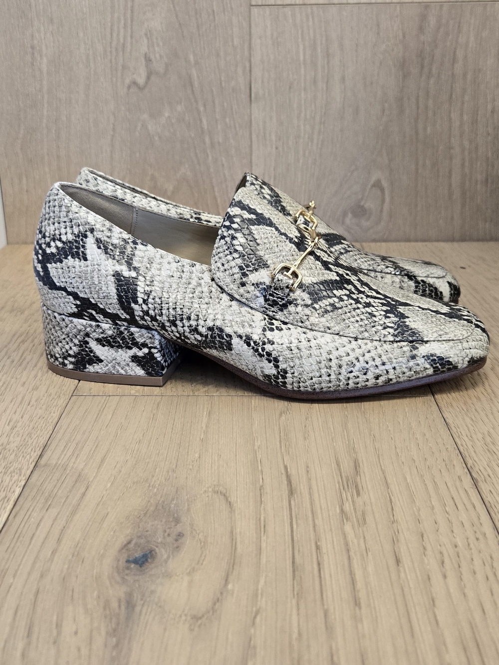 Sam Edelman Snake-Print Loafers in Black and White with Gold Bit